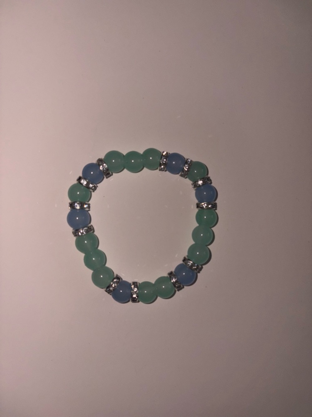 Handmade Green and Blue Beaded Stretch Bracelet with Silver Accents